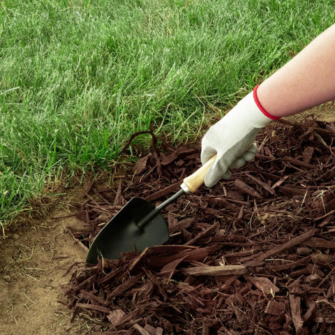 Gardener using a trowel to prepare ground for Killer 4 Inch No Dig Landscape Edging Kit With 75 Foot Black Plastic Edging Coil And 64 Spiral Anchoring Spikes