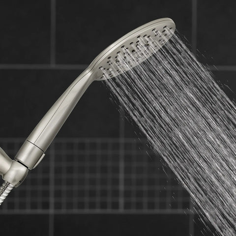 UltraThin Handheld Shower Head With PowerPulse Massage, Five Spray Modes, Large Six Inch Rainfall Head, Brushed Nickel Finish in use.
