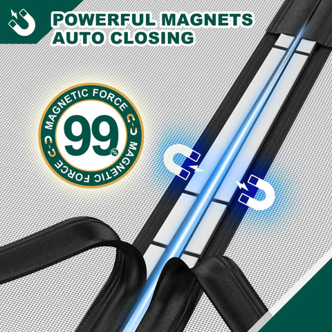 Close-up of ultra-strong magnets on adjustable magnetic screen door for wide openings 36 to 40 inch width and 81 to 83 inch height, black.