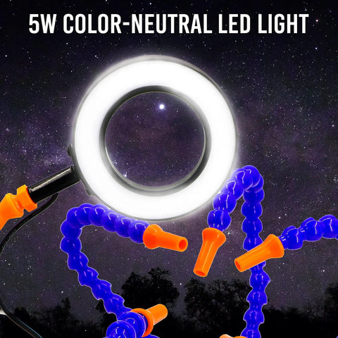 Five Arm Helping Hands With Led Magnifier For Electronics Soldering And PCB Workbench Organizer, shown with LED light in night sky