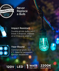 Close-up of a lit acrylic bulb from Vintage Outdoor String Lights 24ft With 12 RGB Acrylic Bulbs, Weatherproof, RF Remote, Color Changing Cafe Ambience.