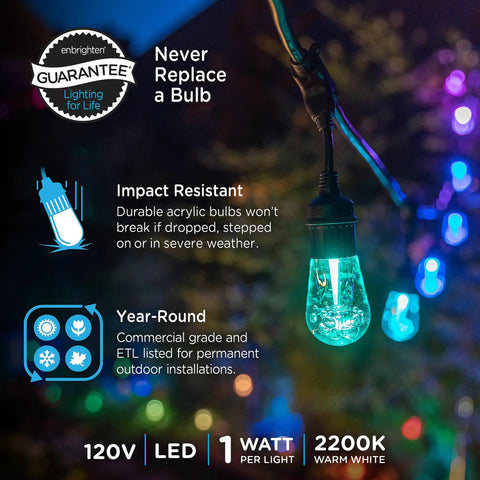 Close-up of a lit acrylic bulb from Vintage Outdoor String Lights 24ft With 12 RGB Acrylic Bulbs, Weatherproof, RF Remote, Color Changing Cafe Ambience.