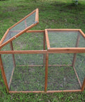 Sturdy Wooden Chicken Coop With Mesh Run For Backyard Poultry And Small Pets, Indoor Outdoor Rabbit Hutch Enclosure open angle view