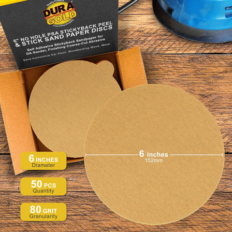 Premium 6 Inch 80 Grit Gold PSA Sanding Discs Box Of 50 Self Adhesive Sticky Back Sandpaper For DA Sanders Finishing Coarse Cut Abrasive