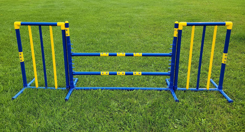 Blue and yellow Agility Free Standing Wings For Dogs Pro Grade PVC Indoor Outdoor Obstacle Training Equipment Lightweight Yet Durable Jump Wings.