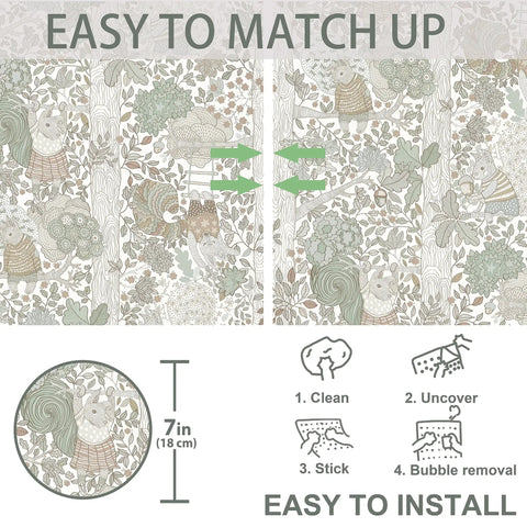 Kid Friendly Peel And Stick Wallpaper With Boho Woodland Forest Vibe For Cabinets And Nursery Walls Removable Self Adhesive Decor For Bedroom Cute Animal Theme 393 Inches Long By Seventeen Point Three Inches Wide installation guide with animal theme close-up