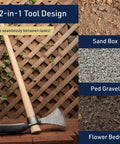 Beast 2 In 1 Garden Tool Mattock With Hoe And Axe, 42 Inch Ash Handle, carbon steel head displayed against garden backdrop.