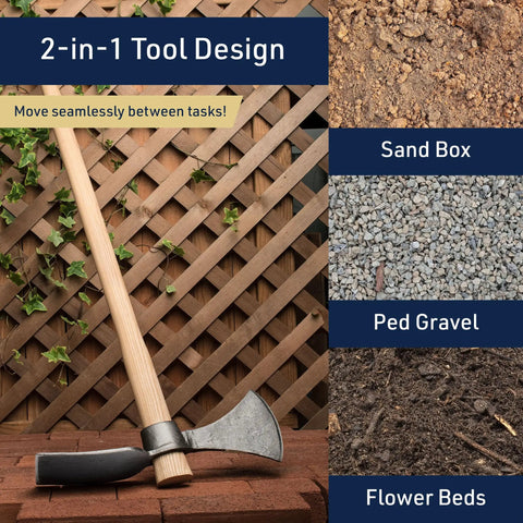 Beast 2 In 1 Garden Tool Mattock With Hoe And Axe, 42 Inch Ash Handle, carbon steel head displayed against garden backdrop.