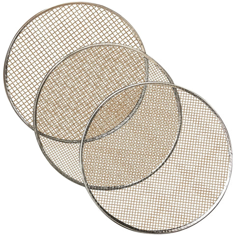 Mesh sieves from Four Piece Soil Sieve Set With A 12 Inch Stainless Steel Frame And Three Interchangeable Sieves In Mesh Sizes 0.1 In, 0.2 In, 0.25 In.