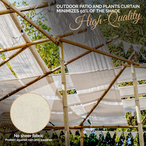 Outdoor patio with high-quality curtains minimizing 50% shade, showing no sheer fabric protecting against rain and weather.