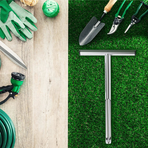 Stainless Steel Soil Probe Sampler Kit, Heavy Duty 12 Inch Handheld Soil Sampling Tool on grass with garden tools and gloves.