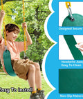 Child enjoying Heavy Duty Green Swing Seat With 66 Inch Chains Kit Replacement Playset Accessories With Snap Hooks For Kids Outdoor Playground Includes Two Zinc Plated Chains 27 x 5.5 Inch Thermoplastic Seat, close-up on swing design features.