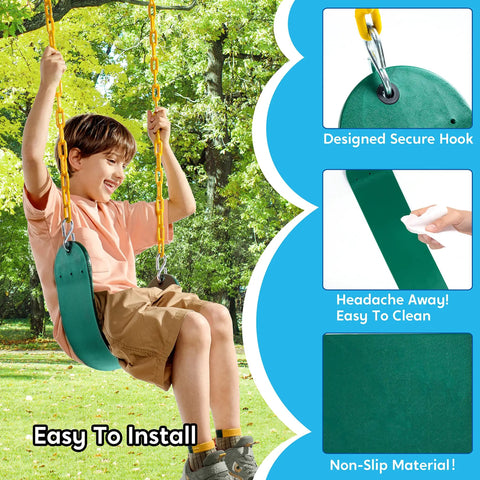 Child enjoying Heavy Duty Green Swing Seat With 66 Inch Chains Kit Replacement Playset Accessories With Snap Hooks For Kids Outdoor Playground Includes Two Zinc Plated Chains 27 x 5.5 Inch Thermoplastic Seat, close-up on swing design features.