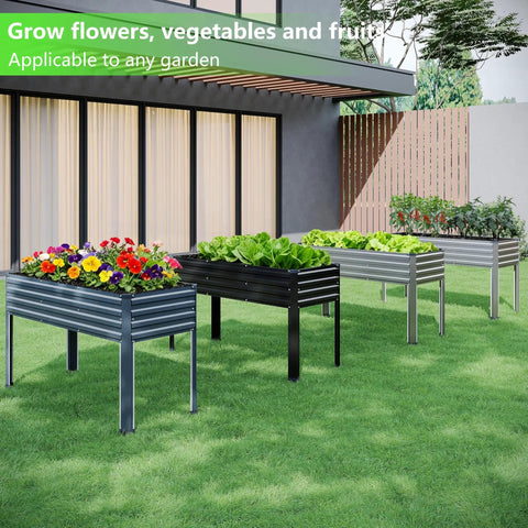 Galvanized raised garden bed with legs for outdoor use, black, 48x18x30 inches, 300lb capacity, placed on patio with plants.