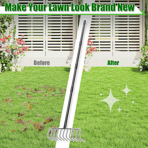 Heavy Duty Garden Rake With 11 Stainless Steel Tines And 68 Inch Handle For Leaves Thatch Debris Clean Up in use on lawn