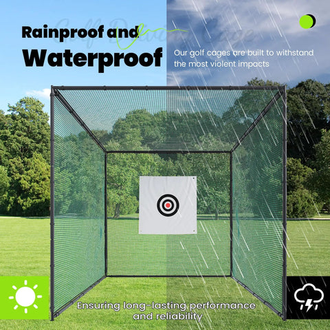 Golf Practice Cage With Steel Frame 10x10x10ft Driving Net shown in rain with target, weather resistant feature highlighted