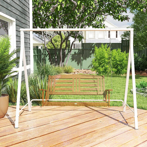 Heavy Duty Metal Porch Swing Stand For Outdoor Use 528 Lb Weight Capacity A Frame Hanging Chair Stand For Backyard Patio Lawn Playground White Stand Only on wooden deck with garden view.