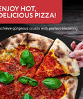 Steel Pizza Stone For Oven And Grill Pro Grade 14 By 14 Inch Carbon Steel Plate With Superior Heat Retention For Crisp Crust Pizza And Bread, Built To Last Black Finish holding pepperoni pizza slice