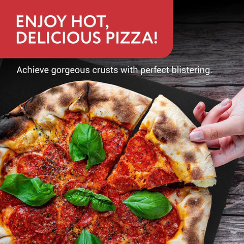 Steel Pizza Stone For Oven And Grill Pro Grade 14 By 14 Inch Carbon Steel Plate With Superior Heat Retention For Crisp Crust Pizza And Bread, Built To Last Black Finish holding pepperoni pizza slice