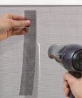 Applying Window Screen Repair Kit Patch 5 By 7 Inch Silver Gray DIY Quick Fix For Tears And Rips In Screens using hair dryer