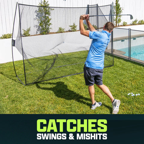 Man practicing golf with Limited Edition Black Golf Practice Net With Large 10 Ft By 7 Ft Hitting Space Pro Grade Personal Driving Range For Indoor Or Outdoor Use Sturdy Frame Durable Net Backyard Ready Training Facility.