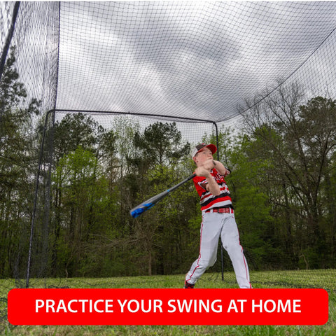 Child practicing in 60 Foot Batting Cage Complete Package With Frame And Netting, Easy-Collapsible Baseball And Softball Practice Enclosure