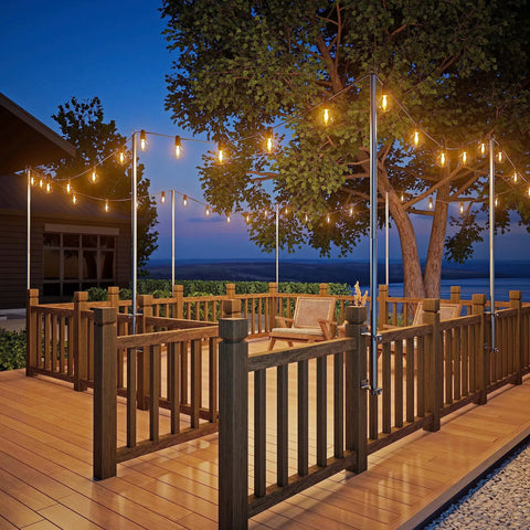 Two Pack Stainless Steel String Light Poles, 6.5 Ft Deck Lights Poles With 2 Wall Hooks mounted on a wooden deck with string lights