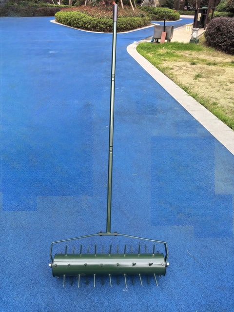 21 Inch Lawn Aerator Workhorse Heavy Duty Manual Tool With 50 Inch Metal Handle on blue surface