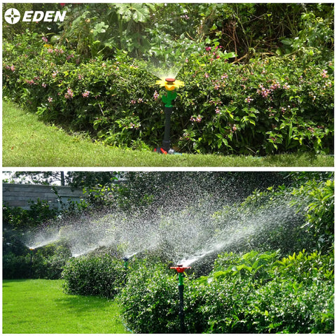 50 Ft Daisy Garden Hose And Sprinkler System for easy DIY plant watering, colorful daisy sprinklers in lush garden setting.
