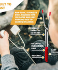 Person holding 45 Inch Extra Long Marshmallow Roasting Sticks Kit For Campfire Smores, 4 Pack Telescoping Skewers with red grips.