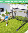 Elite Shank Net for Golf Hitting Nets and Simulator Enclosures setup in backyard with golfer practicing swing, includes sand bag.