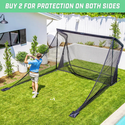 Elite Shank Net for Golf Hitting Nets and Simulator Enclosures setup in backyard with golfer practicing swing, includes sand bag.