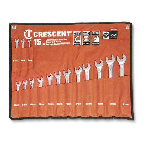 15 Piece Metric 12 Point Combination Wrench Set With Tool Roll For Easy Carry Heavy Duty Chrome Alloy Steel Off Corner Box End Grips Built To Last And Reduces Fastener Rounding Sizes Stamped On Both Sides For Quick ID - complete set in red tool roll