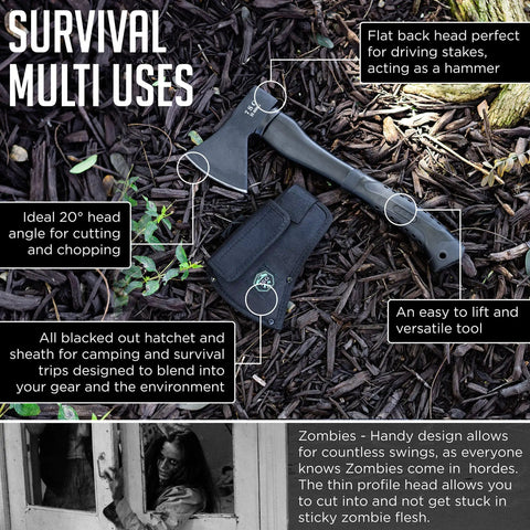 Throwing Axe For Camping And Bushcraft, Ultra Sharp Survival Hatchet With Sheath on mulch, ideal for chopping.