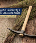 16 Inch Hand Pick Axe With Forged Steel Blade And Dual Headed Mattock Adze Garden Hoe resting on wooden surface
