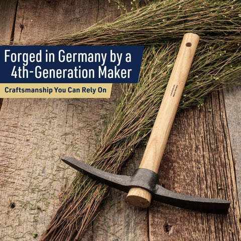 16 Inch Hand Pick Axe With Forged Steel Blade And Dual Headed Mattock Adze Garden Hoe resting on wooden surface