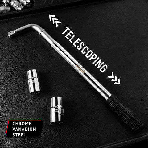 Telescoping Lug Wrench With 1/2 Inch Drive And 17mm 19mm 21mm 22mm Sockets, Heavy Duty Cr-V Steel, Extends To 19 Inches For Maximum Leverage