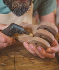 Woodworker using Flame Rotary Burr For Wood Carving Pro Grade With One Eighth Inch Shaft Fine Tungsten Carbide Bit One Quarter Inch