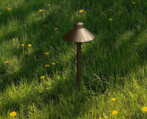 Solid Brass Pathway Lights 2 Pack Low Voltage Landscape Walkway Lighting With 3W G4 LED Bulbs outdoor on grassy lawn