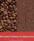 Comparison of whole coffee beans and ground coffee showing results from One Touch Coffee And Spice Grinder With Stainless Steel Blades.