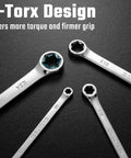 Four Piece E Torx Wrench Set With Double Box End Wrenches In Chrome Vanadium Steel E6 to E24 close-up on black surface