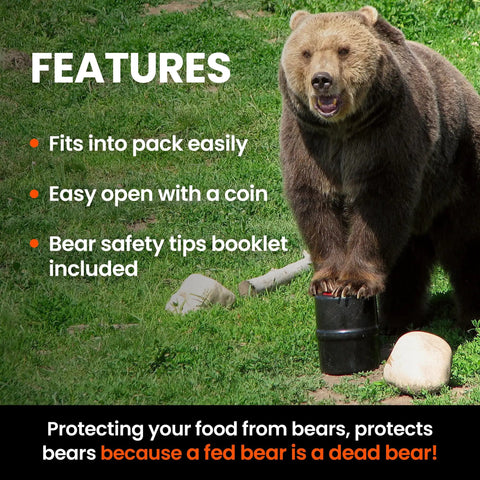 Bear next to Bear Resistant Food Storage Canister For Hiking Camping And Backpacking, 2 Gallon Capacity With Carrying Case.