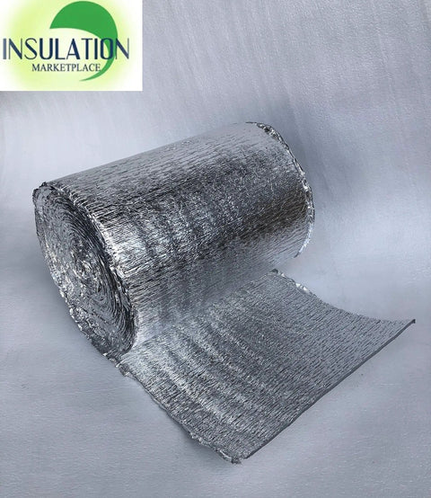 Reflective Insulation Roll With 3mm Foam Core And Dual Aluminum Foil Radiant Barrier For Indoor Outdoor Use 16x50 Feet Commercial Grade Vapor Barrier And Thermal Insulation Shield, shown partially unrolled on gray surface