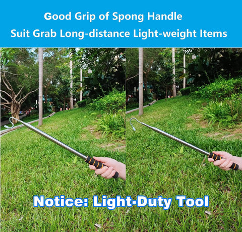 Telescoping Pickup Tool With Two Hooks Extends Up To 9.8 Feet, lightweight wire reacher grabber rod shown in outdoor grassy area.