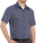 Straight Up Heavy Duty Men's Short Sleeve Work Shirt In Blue And Charcoal Industrial Stripe, Built Tough with secure button pockets.
