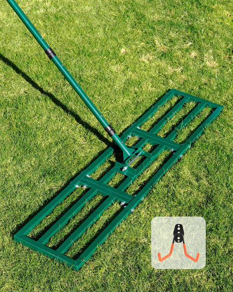 Heavy Duty Lawn And Yard Leveling Rake 45 Inch By 10 Inch with Wall Mount Hook on grass for leveling soil and topsoil