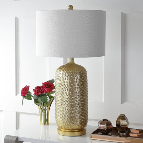 Gold Modern Resin Table Lamp 30 Inch Tall With White Linen Drum Shade Glam Contemporary Bedside Light For Living Room And Bedroom UL Listed LED Bulb Included Easy Plug In Vibe