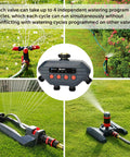 Four Zone Bluetooth Water Timer With Independent Programs And 30 Customizable Cycles in action with sprinklers.