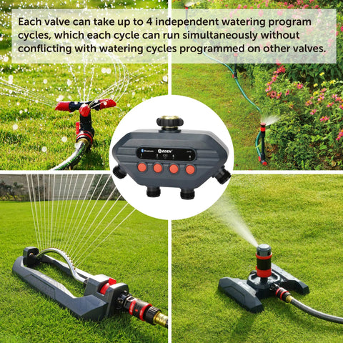 Four Zone Bluetooth Water Timer With Independent Programs And 30 Customizable Cycles in action with sprinklers.