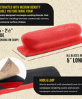 Image of a Pro Grade Contoured Hand Sanding Block Set with red block and hook-and-loop sandpaper, details on size and material.